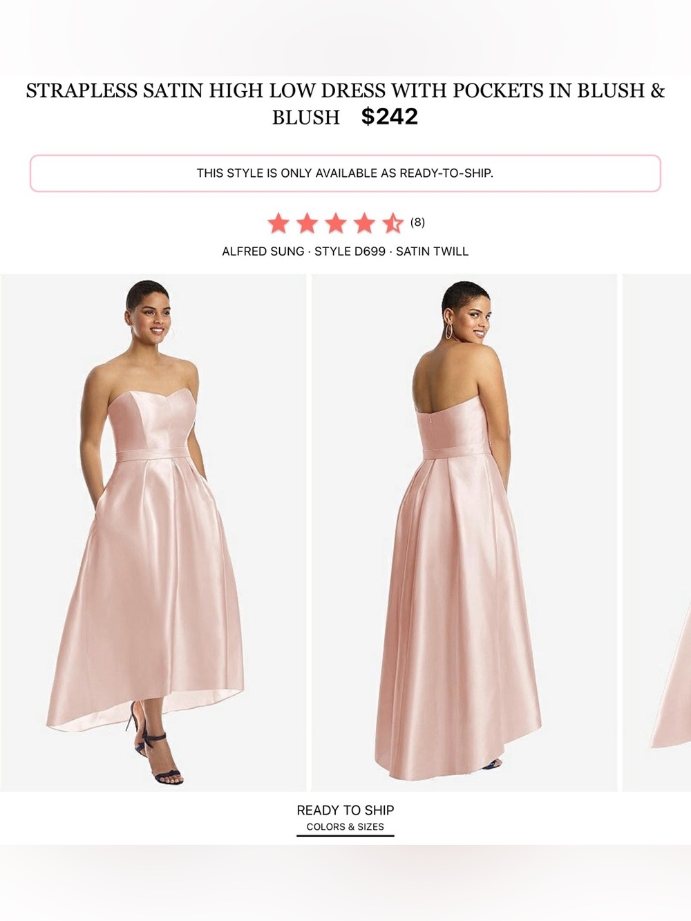 ALFRED SUNG Blush Strapless Satin High-Low Gown